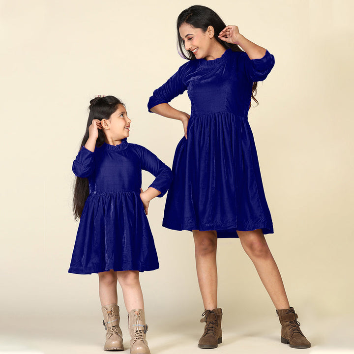 Navy Samaira Velvet Dresses for Mom & Daughter