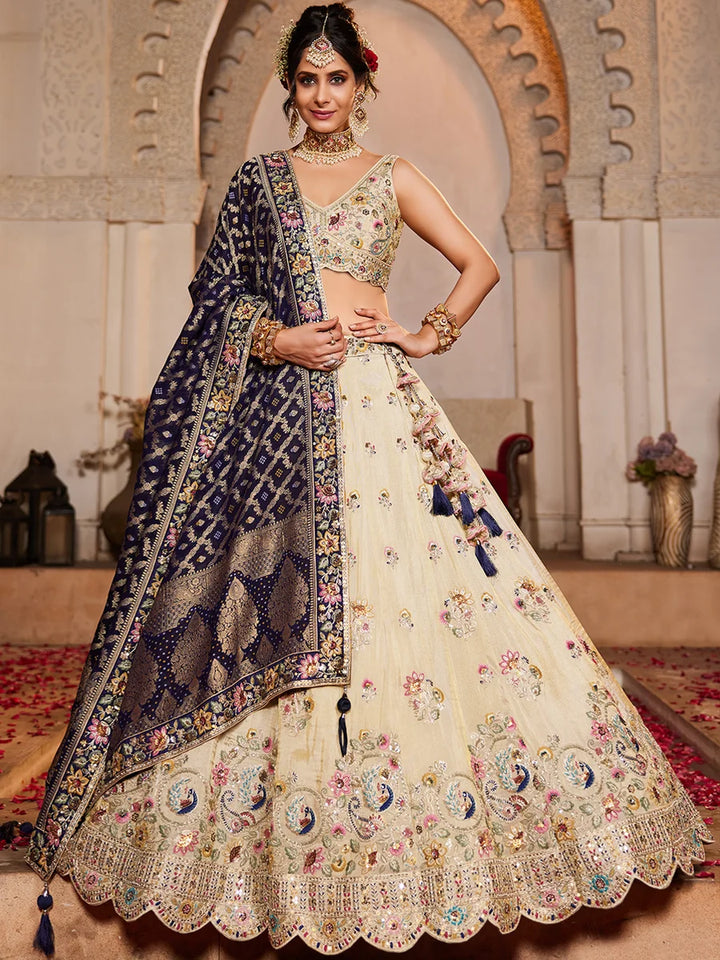 Navy blue tissue lehenga with beadwork