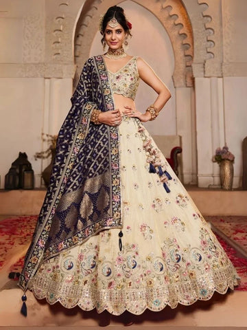 Navy blue tissue lehenga with beadwork