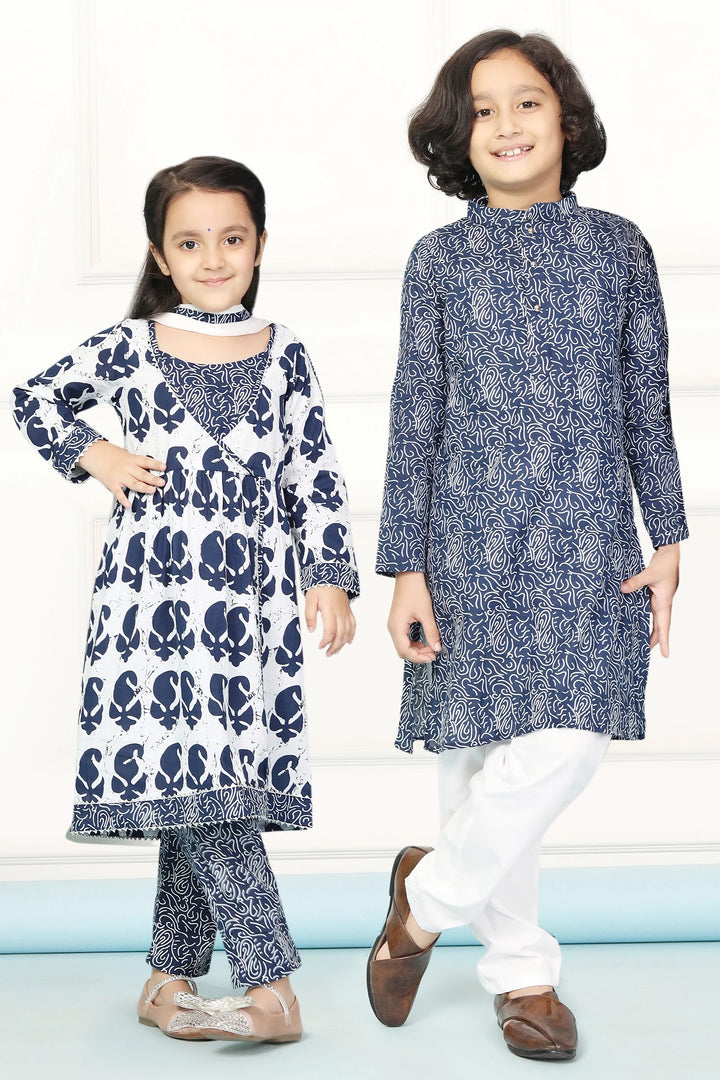 Navy and White Indigo Print Twin Suit Set with Coordinated Kurta Pyjamas - Perfect Sibling Outfits for Brothers and Sister