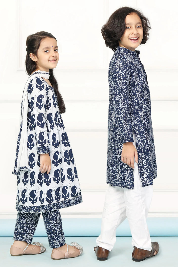 Navy and White Indigo Print Twin Suit Set with Coordinated Kurta Pyjamas - Perfect Sibling Outfits for Brothers and Sister