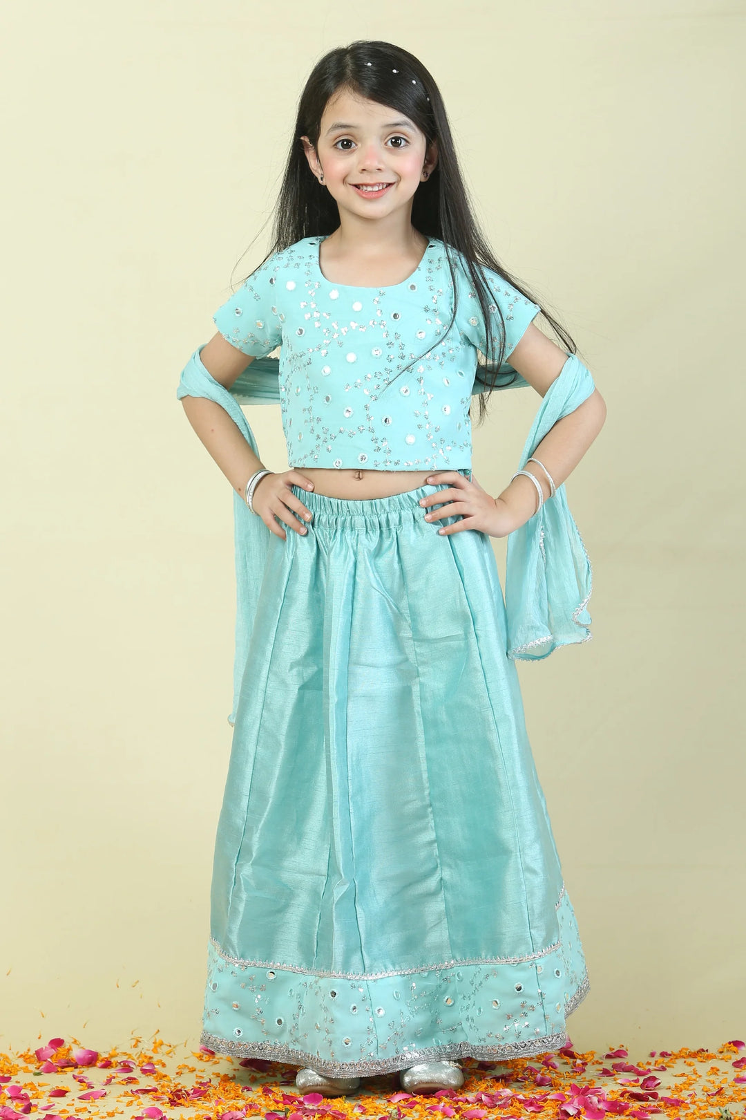 Aqua Blue Lehenga with mirror work Choli Mom and Daughter Twin Set