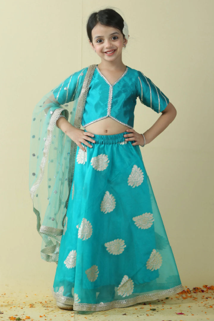 Mom and Daughter Twin Set: Teal & Golden Lehenga Choli