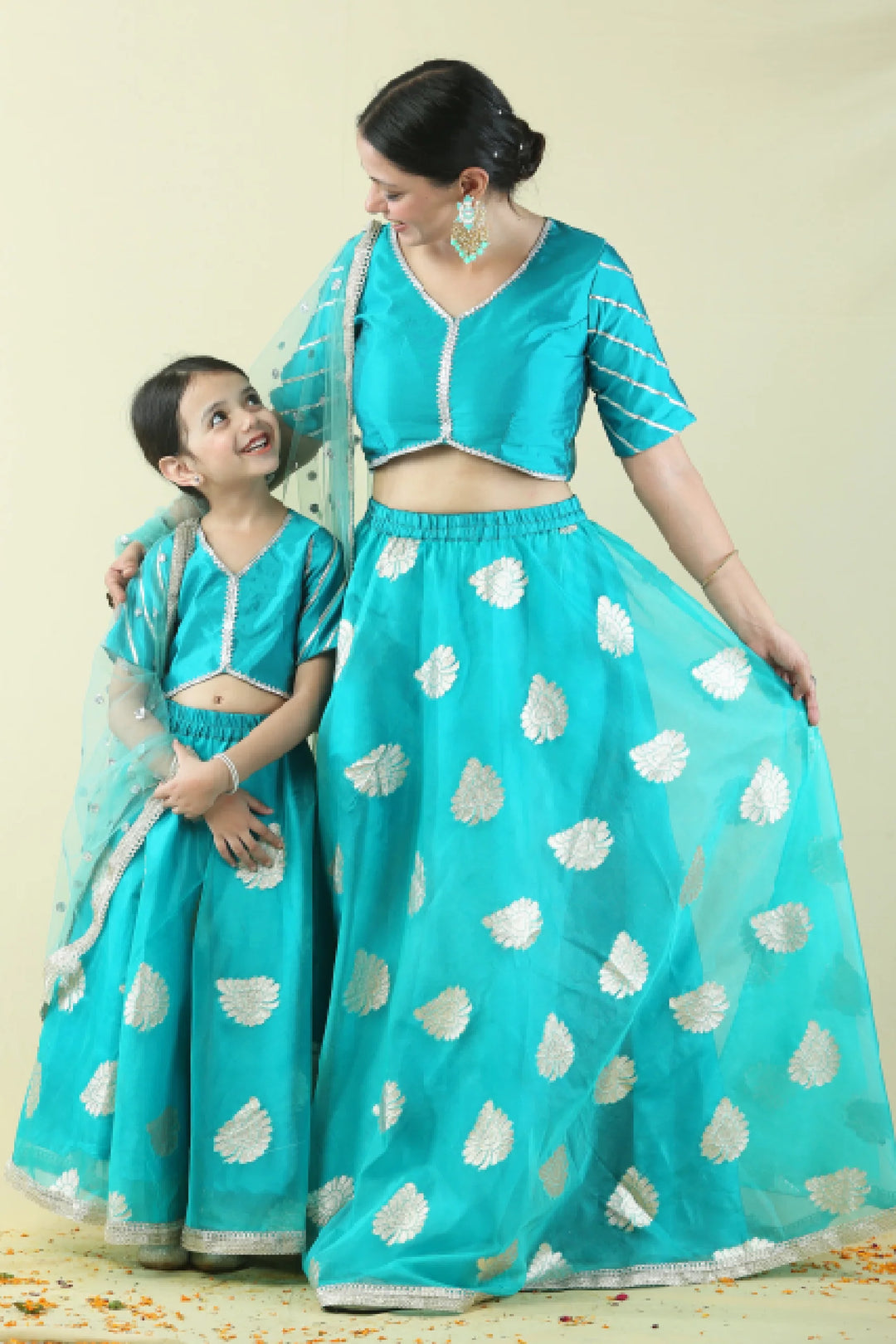 Mom and Daughter Twin Set: Teal & Golden Lehenga Choli