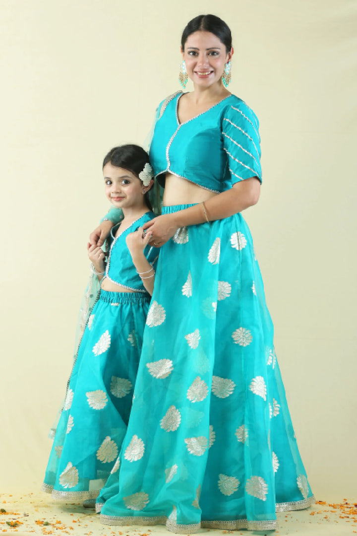 Mom and Daughter Twin Set: Teal & Golden Lehenga Choli