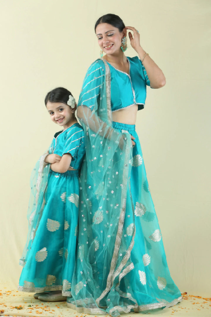Mom and Daughter Twin Set: Teal & Golden Lehenga Choli