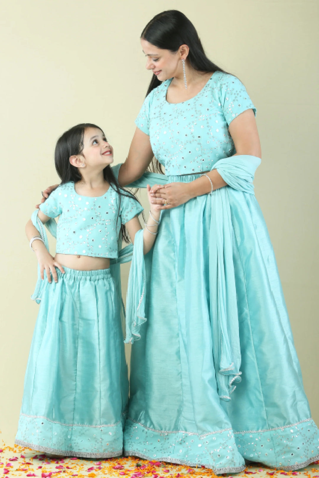 Aqua Blue Lehenga with mirror work Choli Mom and Daughter Twin Set