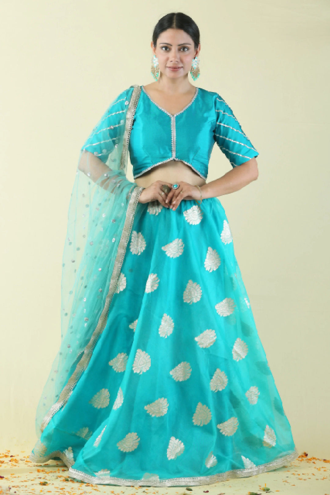 Mom and Daughter Twin Set: Teal & Golden Lehenga Choli