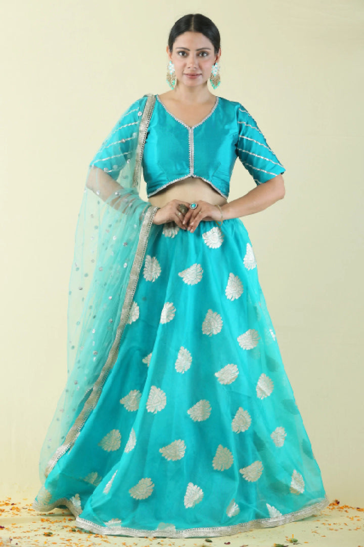Mom and Daughter Twin Set: Teal & Golden Lehenga Choli