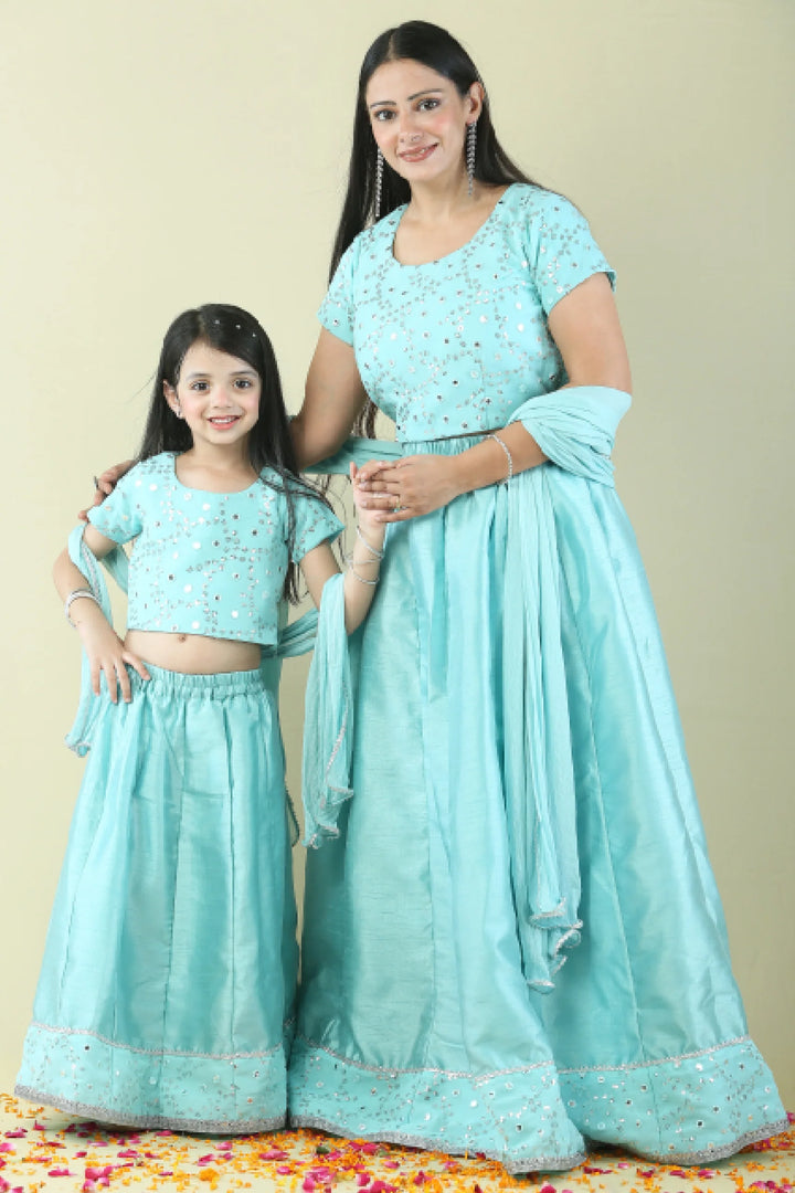Aqua Blue Lehenga with mirror work Choli Mom and Daughter Twin Set