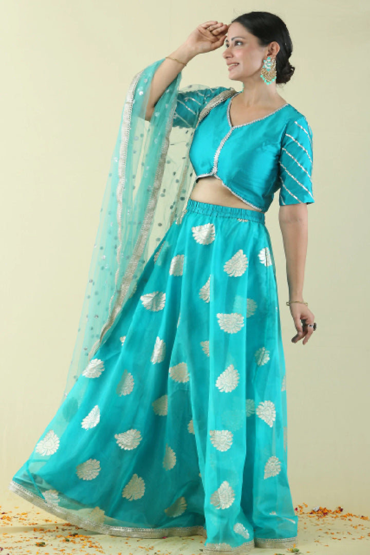 Mom and Daughter Twin Set: Teal & Golden Lehenga Choli