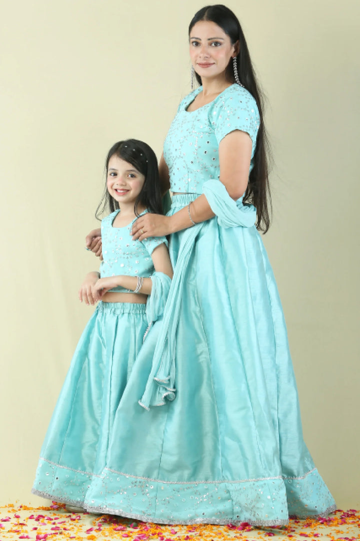 Aqua Blue Lehenga with mirror work Choli Mom and Daughter Twin Set