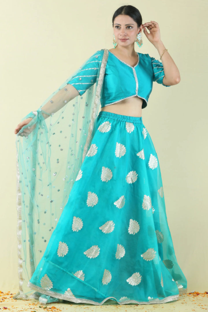Mom and Daughter Twin Set: Teal & Golden Lehenga Choli