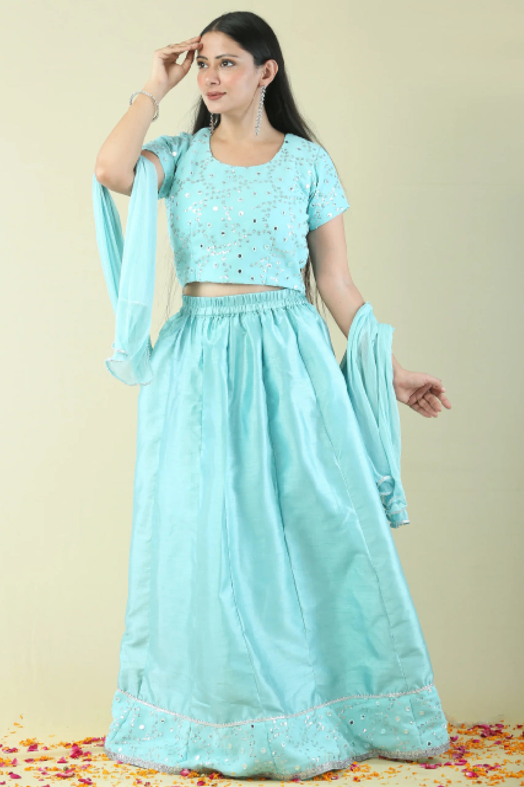 Aqua Blue Lehenga with mirror work Choli Mom and Daughter Twin Set