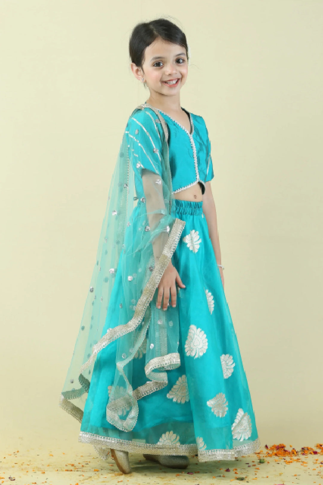 Mom and Daughter Twin Set: Teal & Golden Lehenga Choli