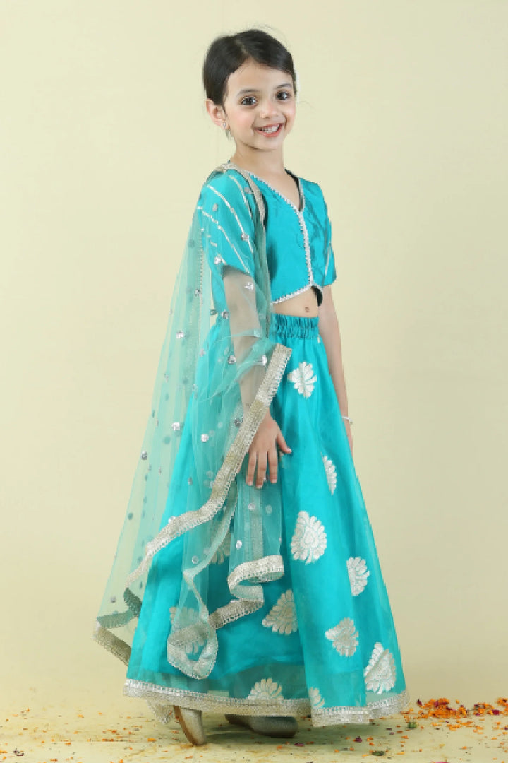 Mom and Daughter Twin Set: Teal & Golden Lehenga Choli