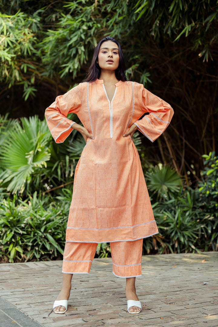 Comfort Fit Kurta Set | Orange Aabidah with Lace Detailing and Pockets