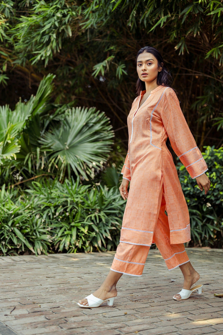 Comfort Fit Kurta Set | Orange Aabidah with Lace Detailing and Pockets