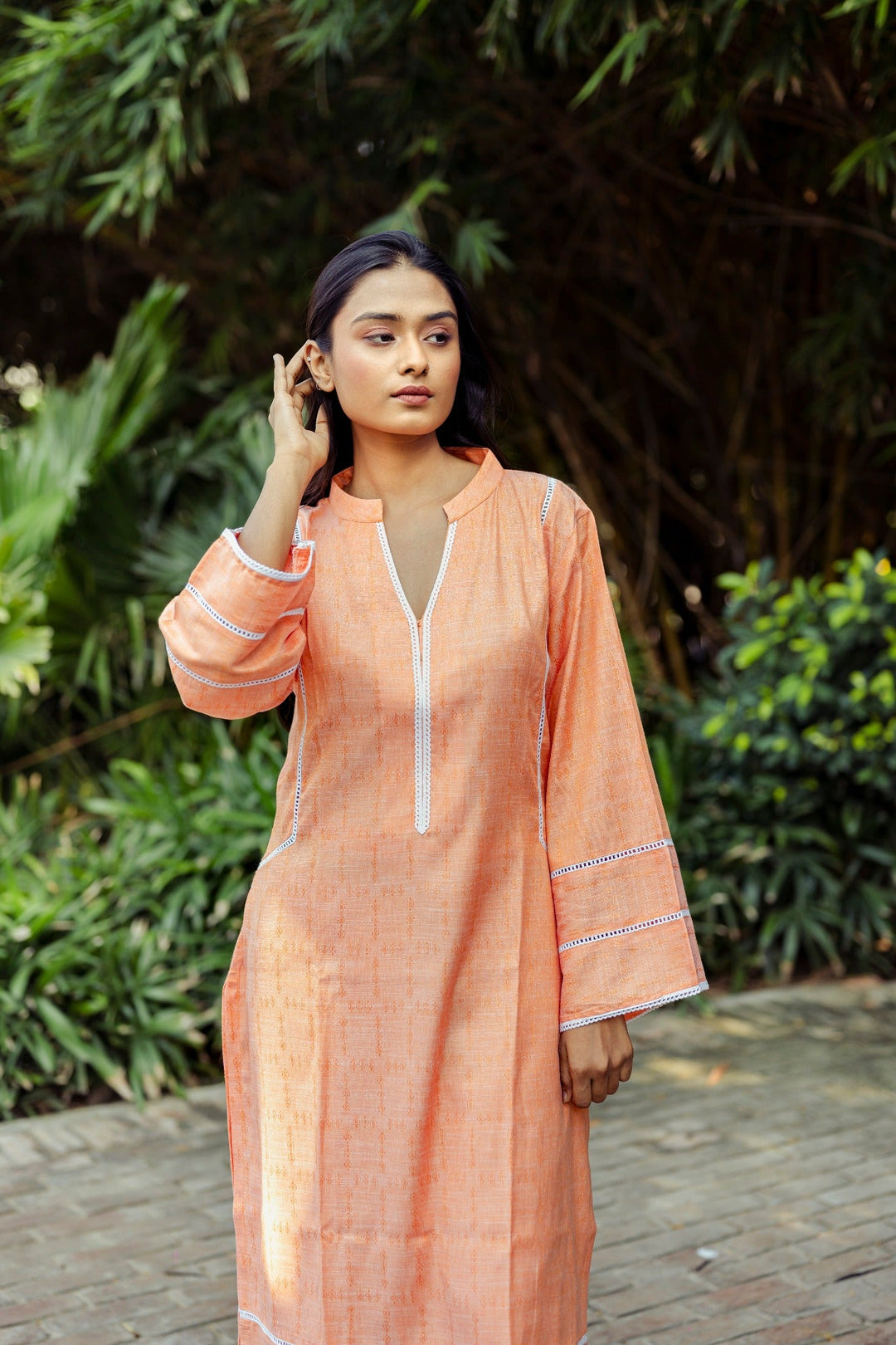 Comfort Fit Kurta Set | Orange Aabidah with Lace Detailing and Pockets