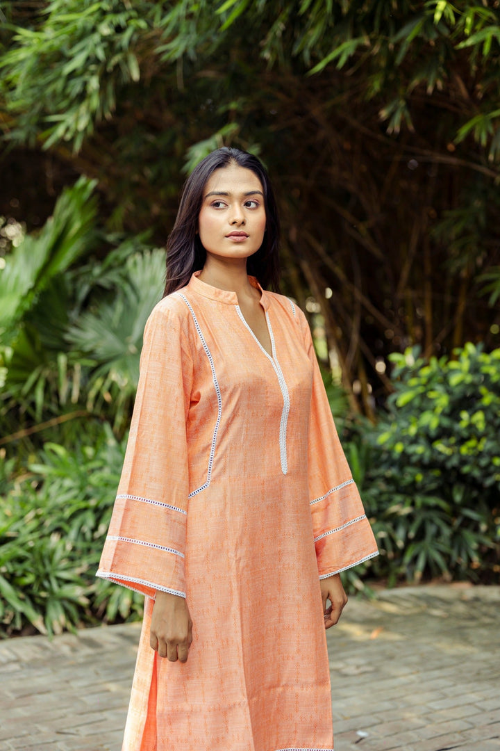 Comfort Fit Kurta Set | Orange Aabidah with Lace Detailing and Pockets