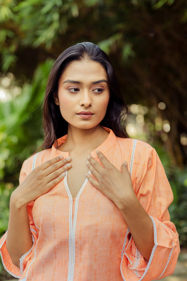 Comfort Fit Kurta Set | Orange Aabidah with Lace Detailing and Pockets