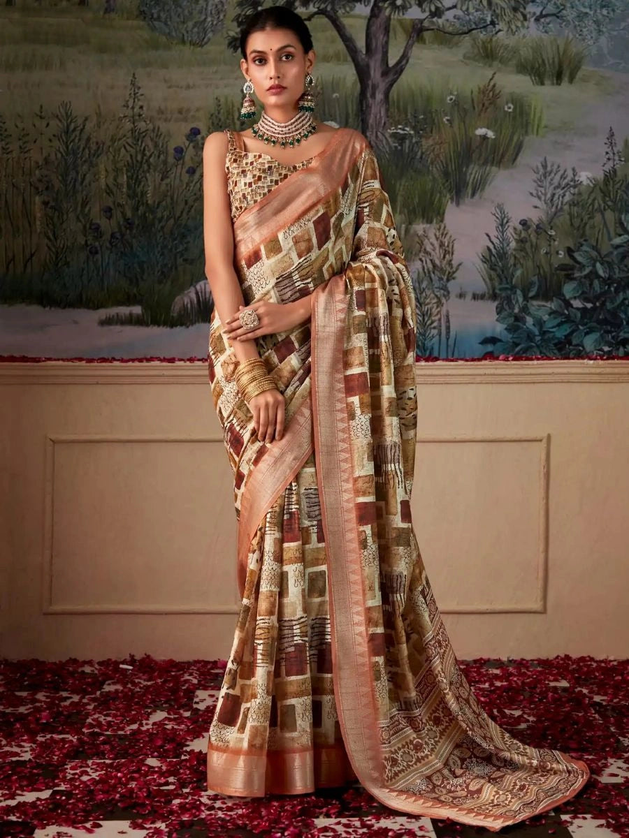 Off-White Art Silk Saree with Digital Print & Zari Border – SilverBin
