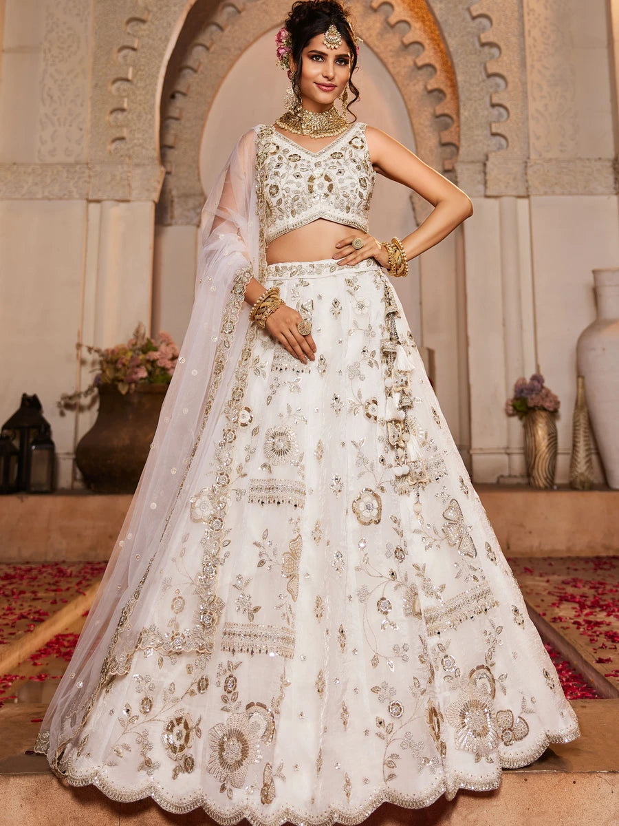 Off-white tissue lehenga with stone detailing