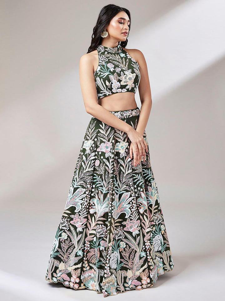 Olive green lehenga choli for festive wear
