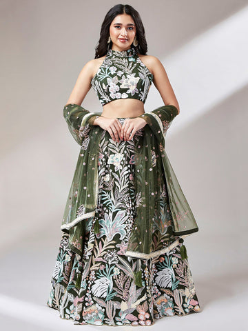 Olive green net lehenga with sequins