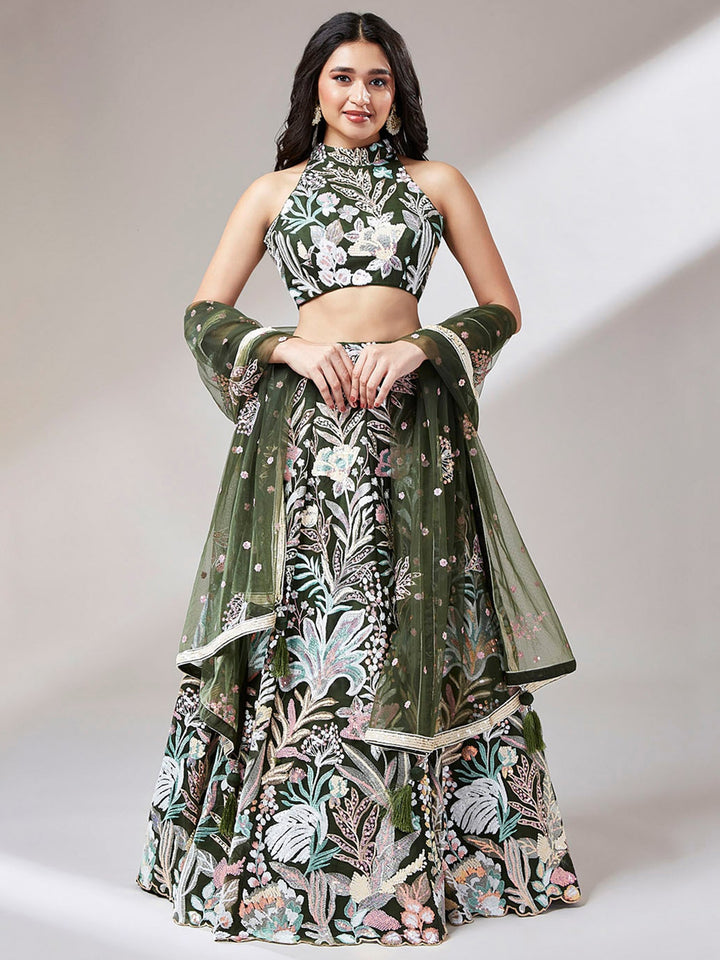 Olive green net lehenga with sequins
