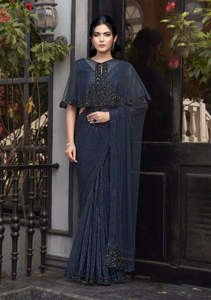 Opulent Navy Blue Armani Tulle Saree