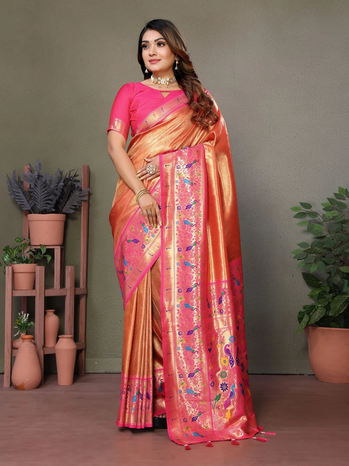 Orange Luxurious Banarasi Tissue Silk Saree with Paithani Designer Work Blouse
