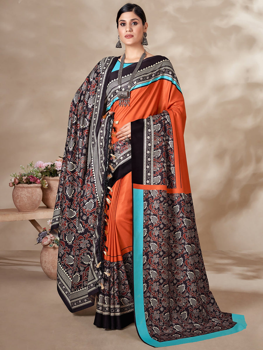 Orange digital printed Pashmina saree with shawl