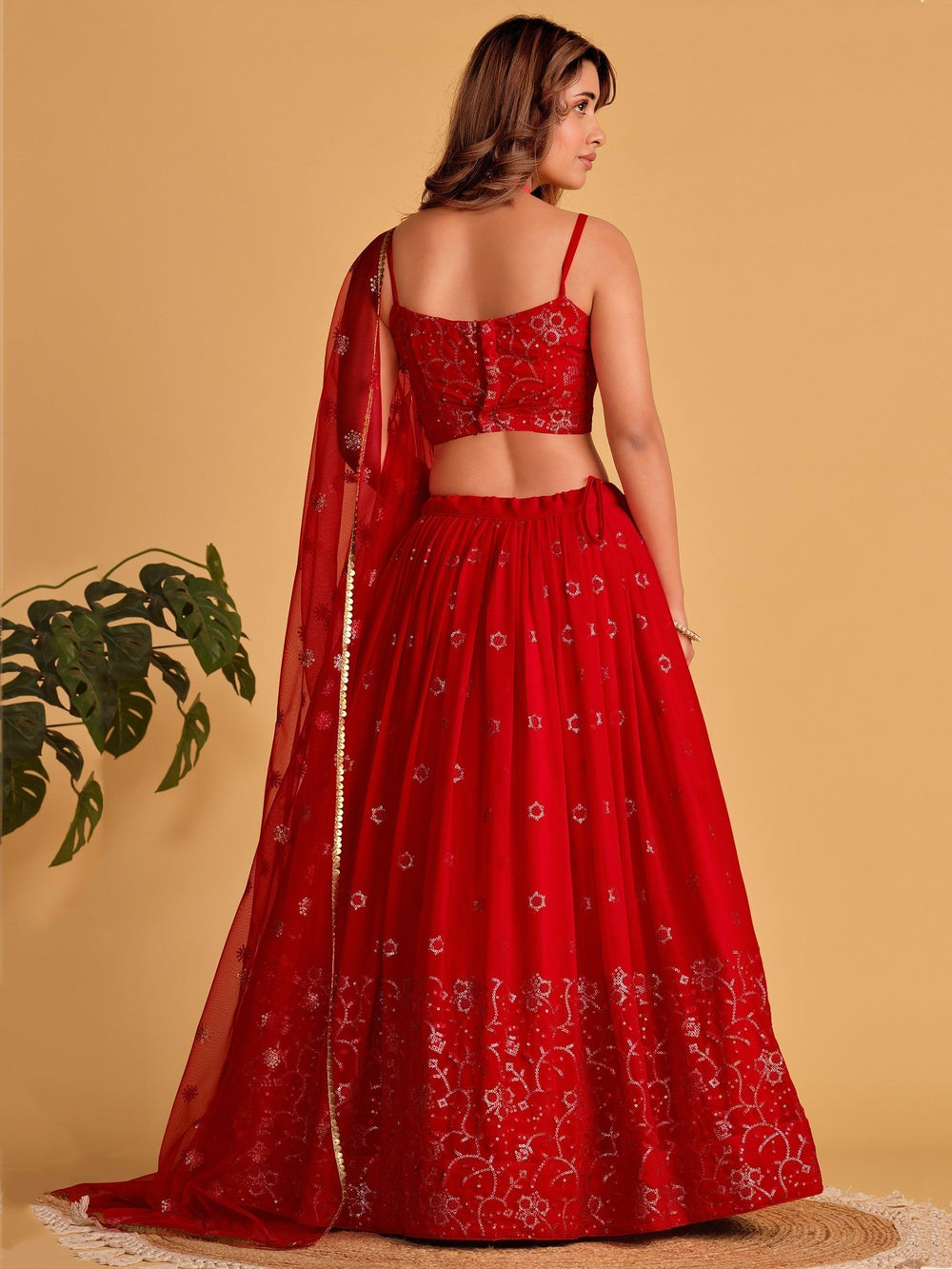 Order dazzling red sequins embroidered lehenga choli