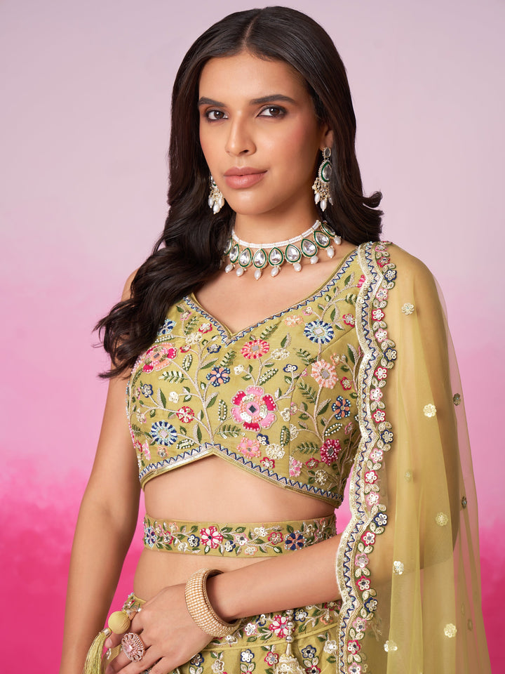 Order mustard green designer lehenga choli for weddings