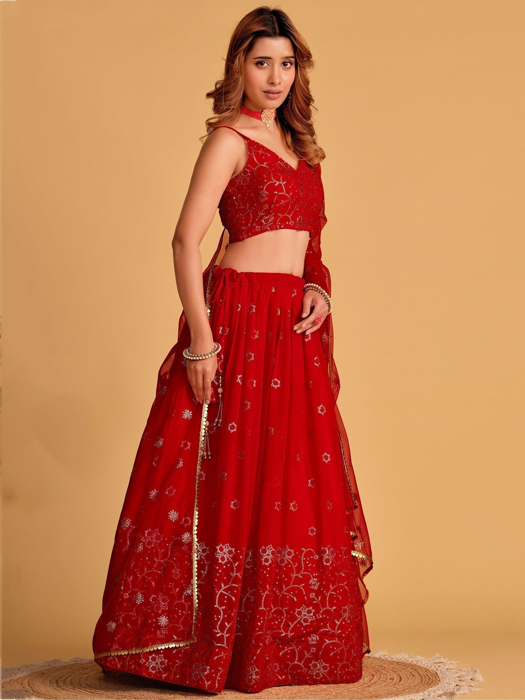 Order red designer lehenga choli with sequins work