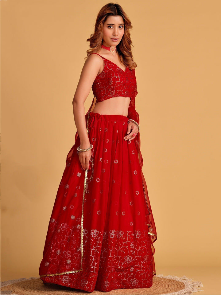 Order red designer lehenga choli with sequins work