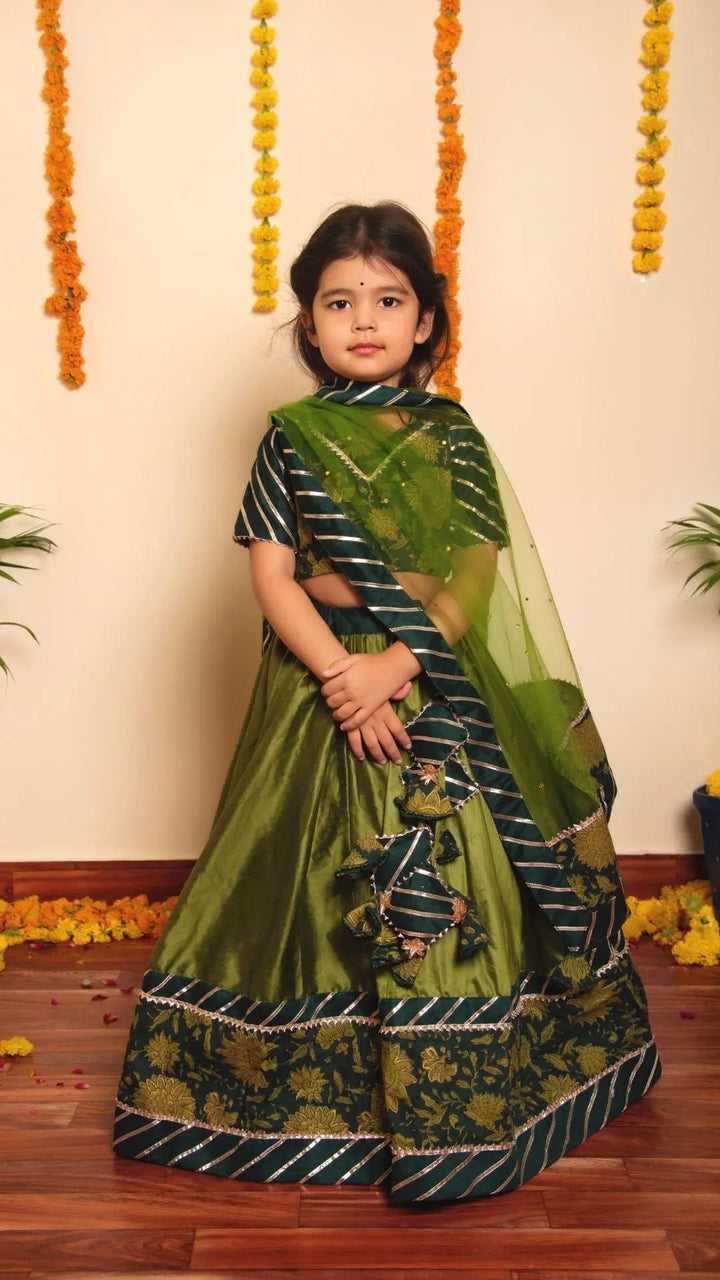 Olive Green Bachapan Idika Lehenga Set | Gotta Lace Work and Soft Net Dupatta