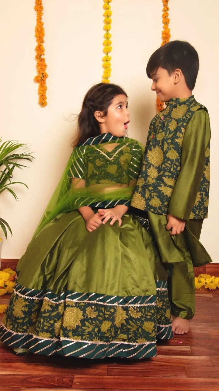 Olive Green Bachapan Idika Lehenga Set | Gotta Lace Work and Soft Net Dupatta