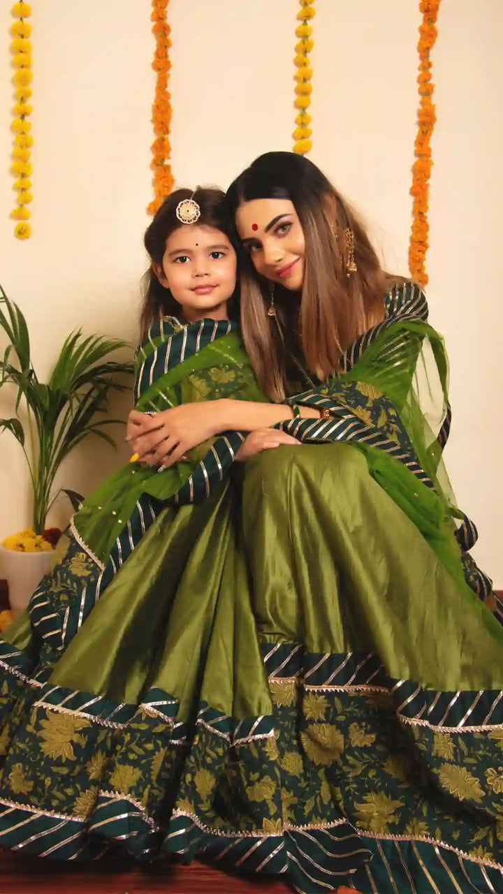 Olive Green Bachapan Idika Lehenga Set | Gotta Lace Work and Soft Net Dupatta