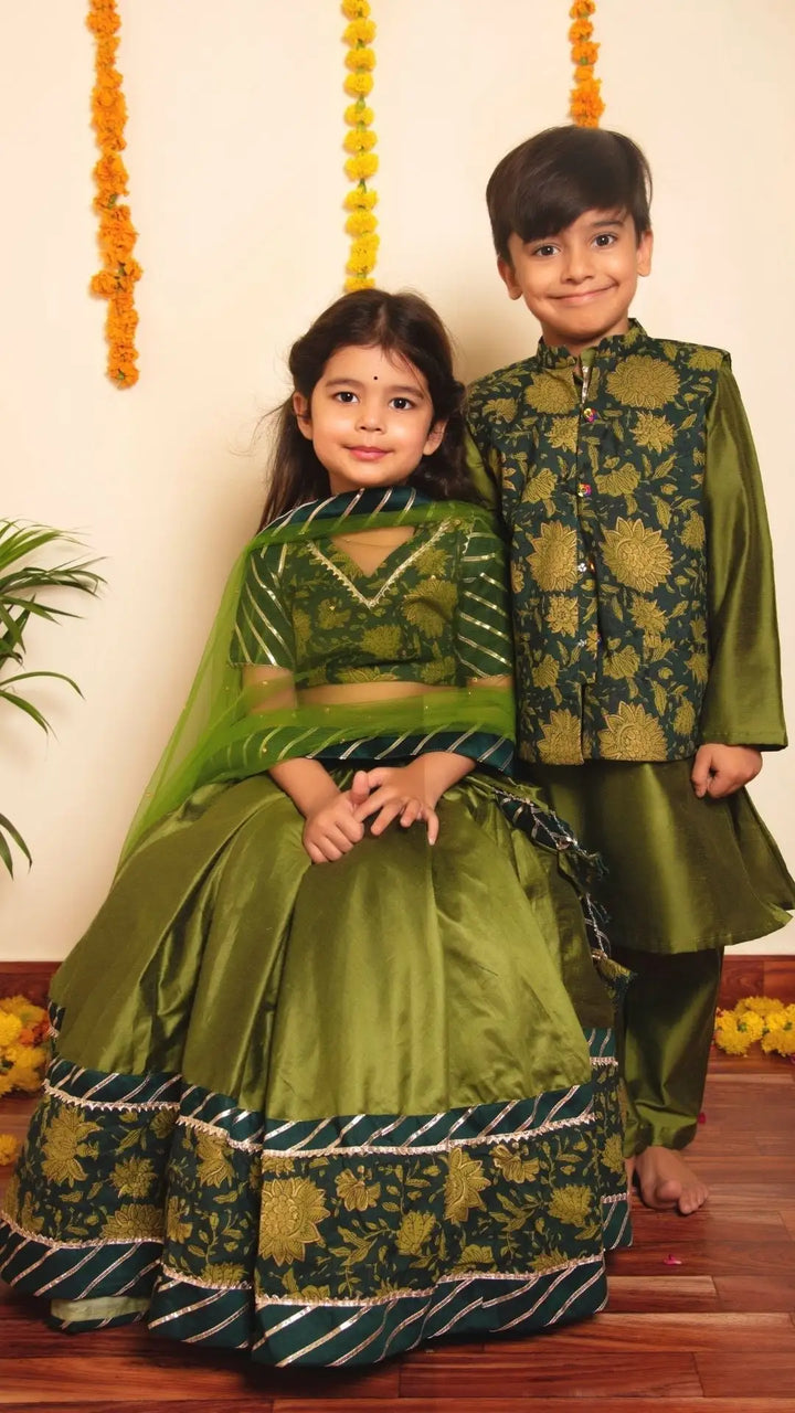 Olive Green Bachapan Idika Lehenga Set | Gotta Lace Work and Soft Net Dupatta
