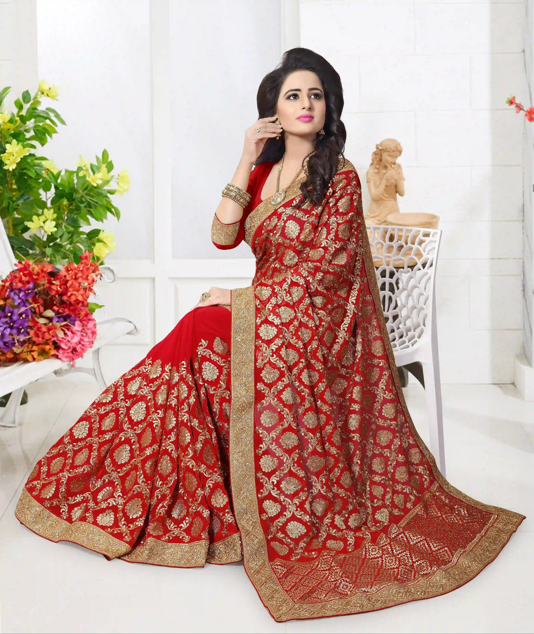 Red Georgette Saree with Jari Embroidery & Stonework | Elegant Party Wear