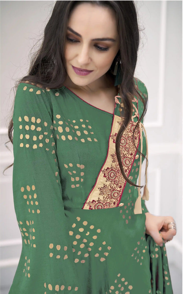 Green Rayon Gown | Printed Design with Hand Work for a Festive Look