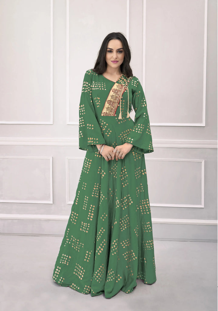 Green Rayon Gown | Printed Design with Hand Work for a Festive Look