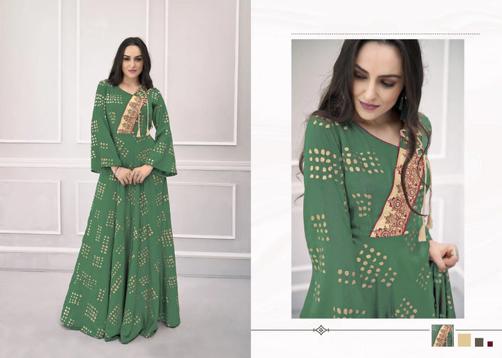 Green Rayon Gown | Printed Design with Hand Work for a Festive Look