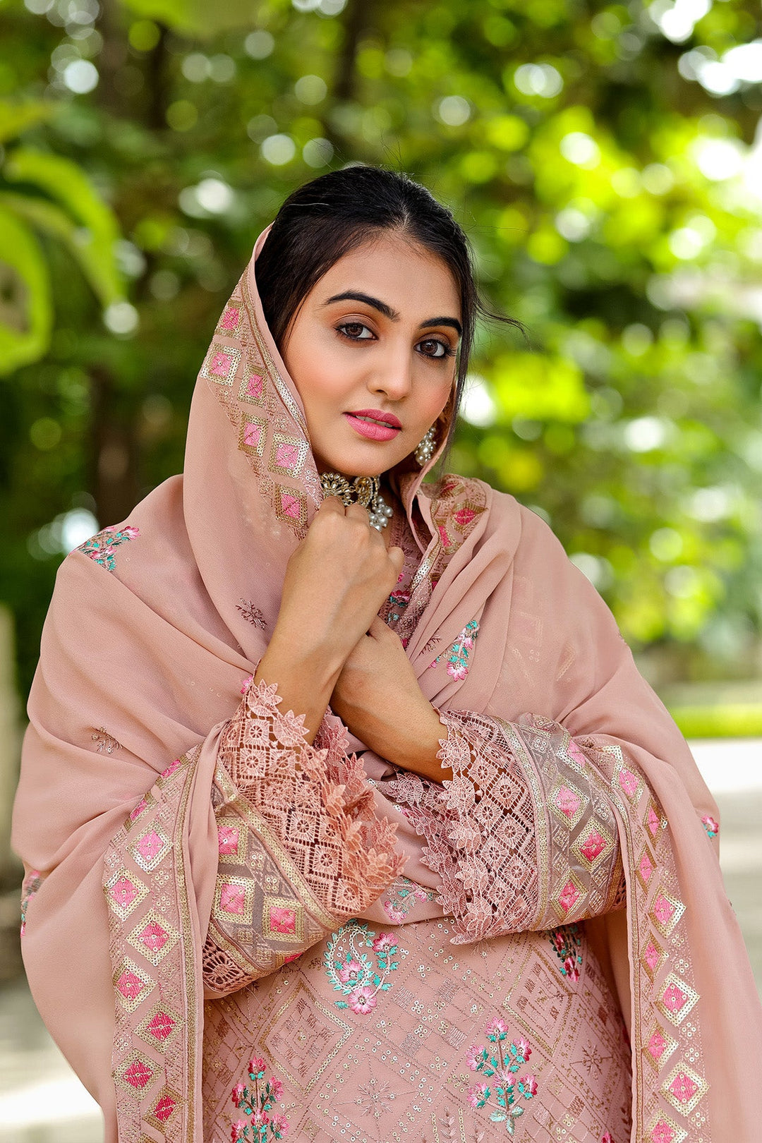 Designer Peach Kameez with Dupatta | Stylish Georgette Ethnic Suit for Women
