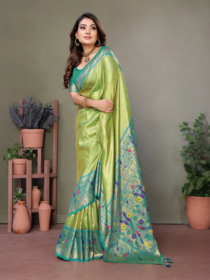 Parrot Green Luxurious Banarasi Tissue Silk Saree with Paithani Designer Work Blouse
