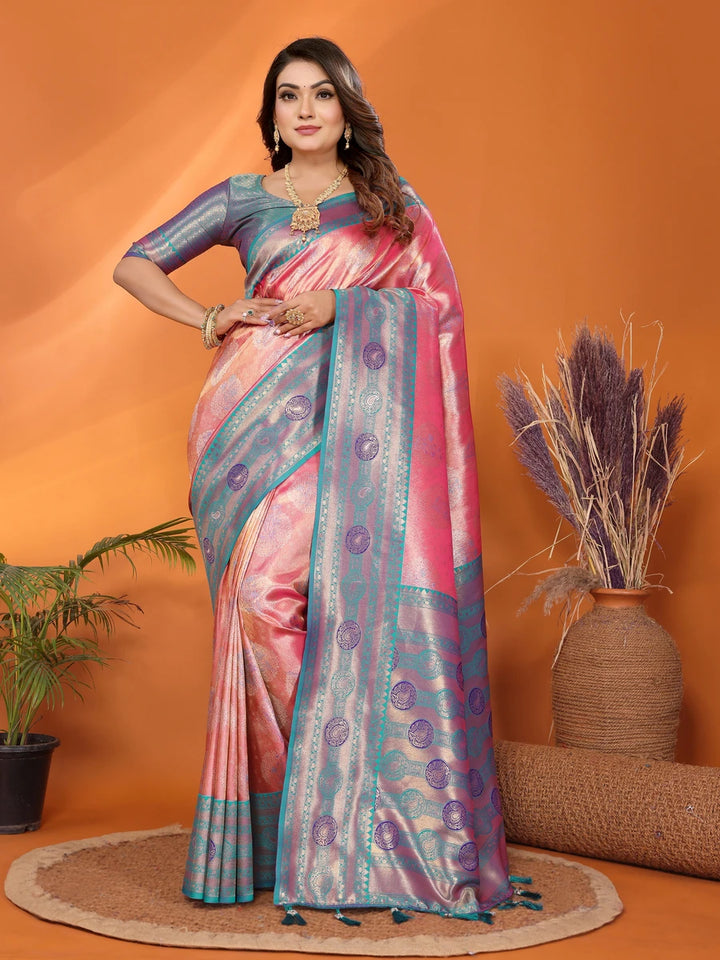Peach Banarasi Tissue Silk Saree with Paithani Design