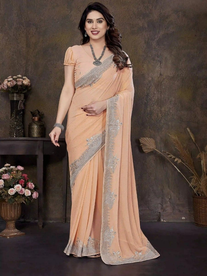 Peach Georgette Saree with Zari & Stone Detailing | Silverbin
