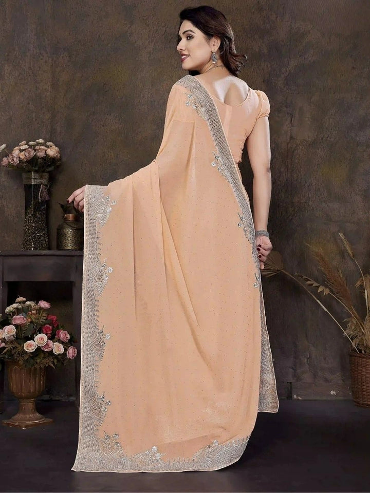 Peach Georgette Saree with Zari & Stone Detailing | Silverbin
